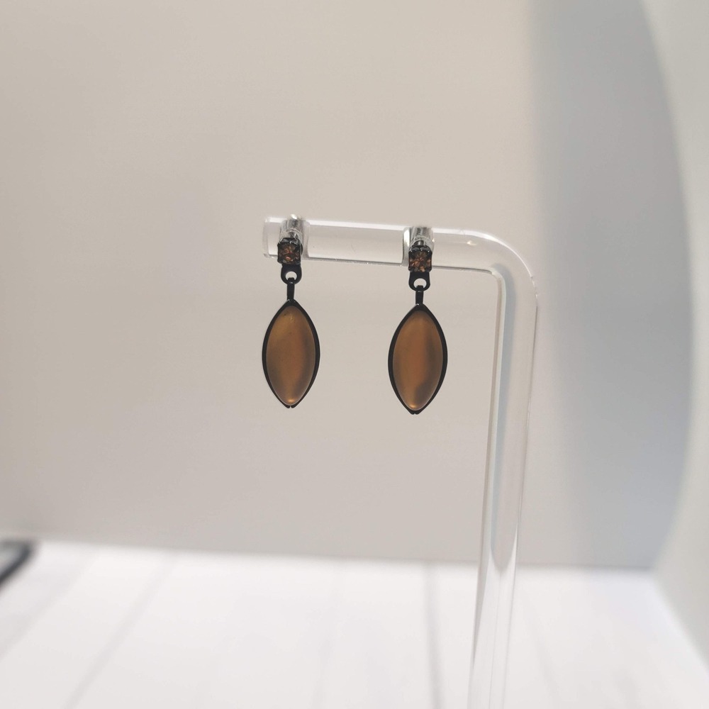 Vintage Amber Glass Marquise Drop Earrings Gunmetal Tone Rhinestone Accents